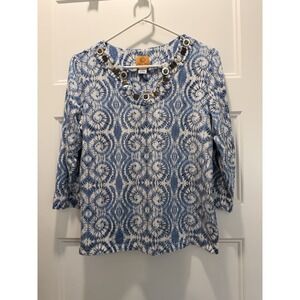 Ruby Rd Petite PL Embellished Neck Top Blue Tie Dye 3/4 Sleeve Stretch Knit Boho